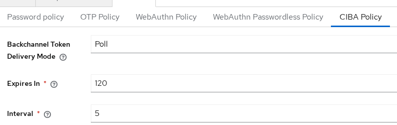 Keycloak realm CIBA policy settings for poll mode interval and expiry