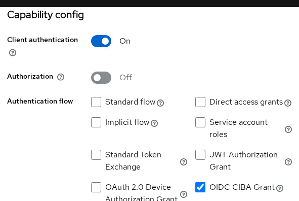 OIDC CIBA Grant enabled on the ciba-teller-app client capability config tab
