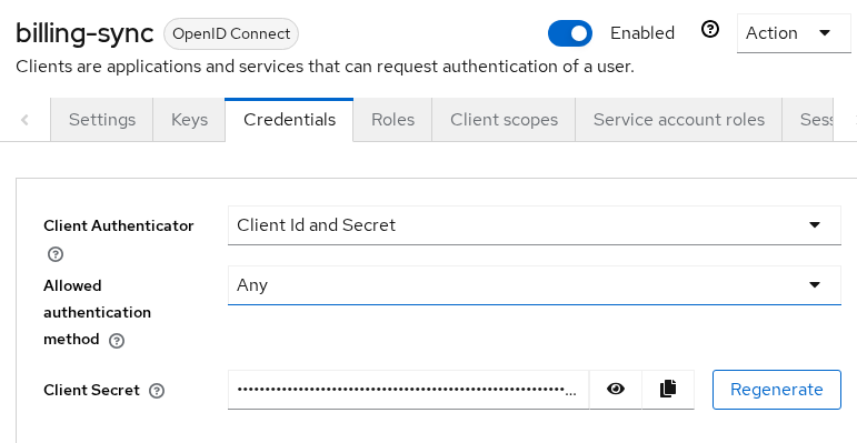 Keycloak billing-sync Credentials tab showing Client Id and Secret authenticator, Allowed authentication method Any, and masked client secret