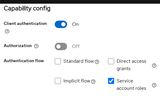 Keycloak billing-sync Capability config with Client authentication on, Service account roles enabled, and browser login flows off