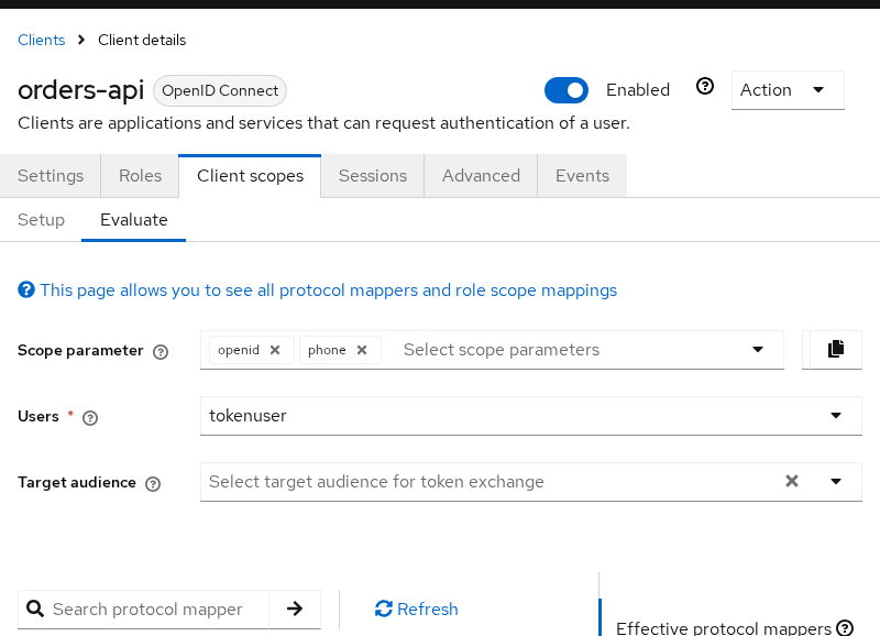 Keycloak Evaluate tab for orders-api with tokenuser selected and phone added to the scope parameter