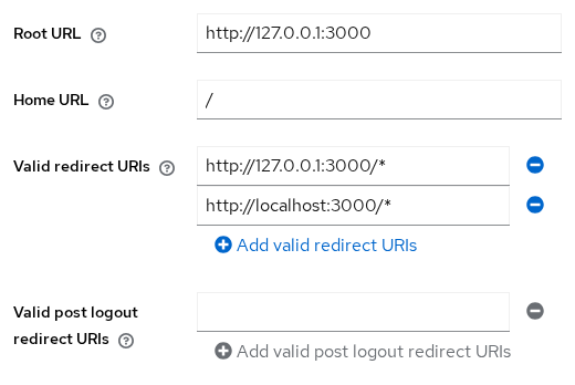 Keycloak storefront-web client Settings showing Root URL, Home URL, and Valid redirect URIs