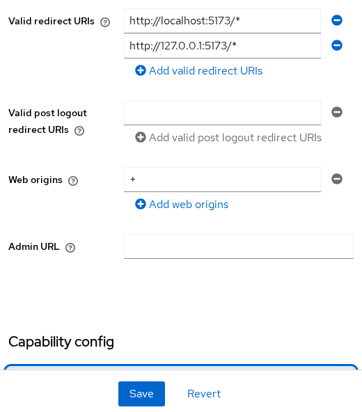 Keycloak storefront-spa Settings showing Valid redirect URIs on port 5173, web origins plus, and Client authentication off