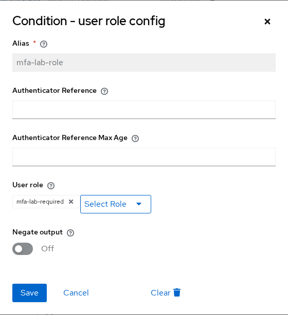 Keycloak Condition User Role authenticator configured with mfa-lab-required realm role