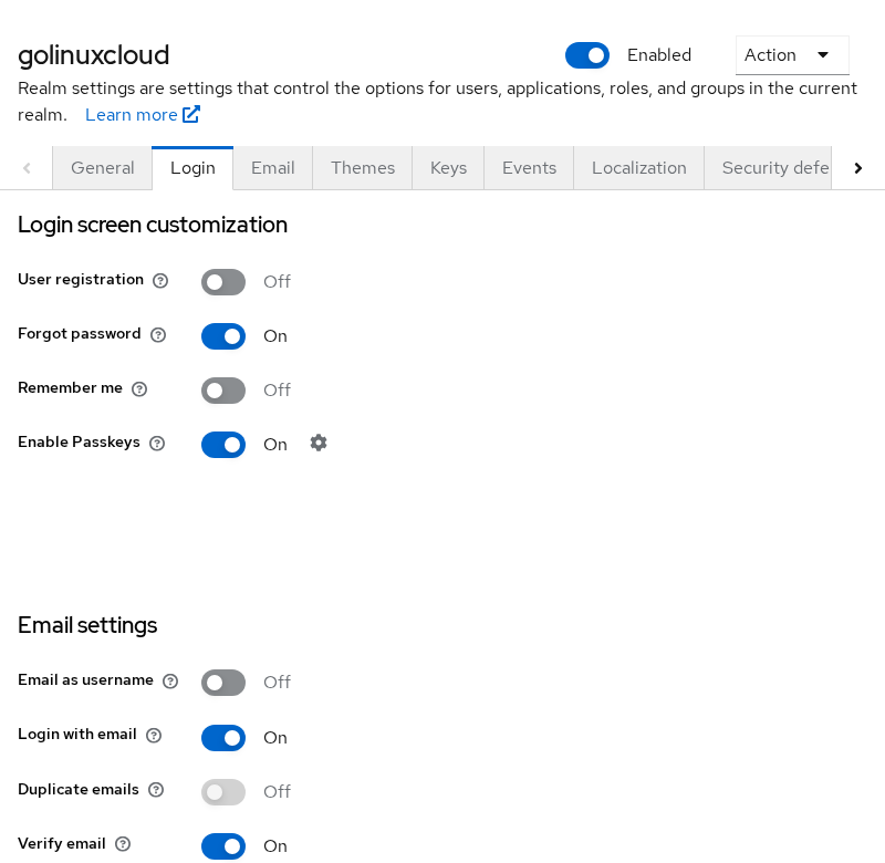Keycloak golinuxcloud realm Login settings with Forgot password enabled