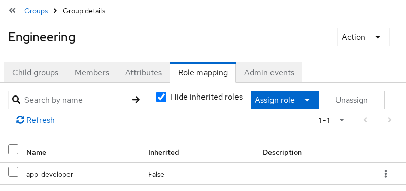 Keycloak Engineering group Role mapping tab with app-developer assigned