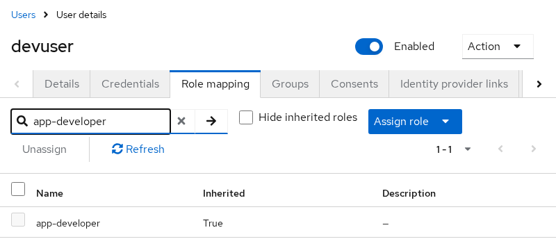 Keycloak user Role mapping for devuser showing app-developer inherited from Engineering