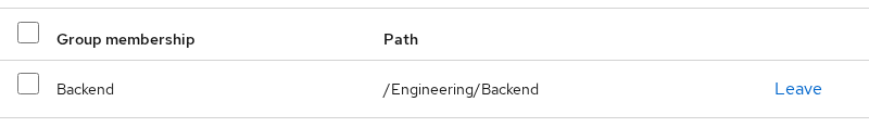 Keycloak user Groups tab showing devuser joined to Backend under Engineering