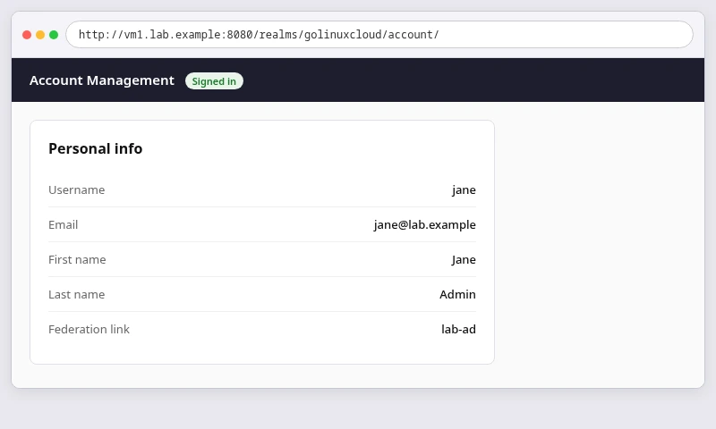 Windows domain user signed into Keycloak Account Console through SPNEGO without entering a password