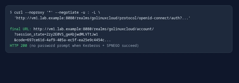 curl --negotiate redirect to Account Console with authorization code after SPNEGO