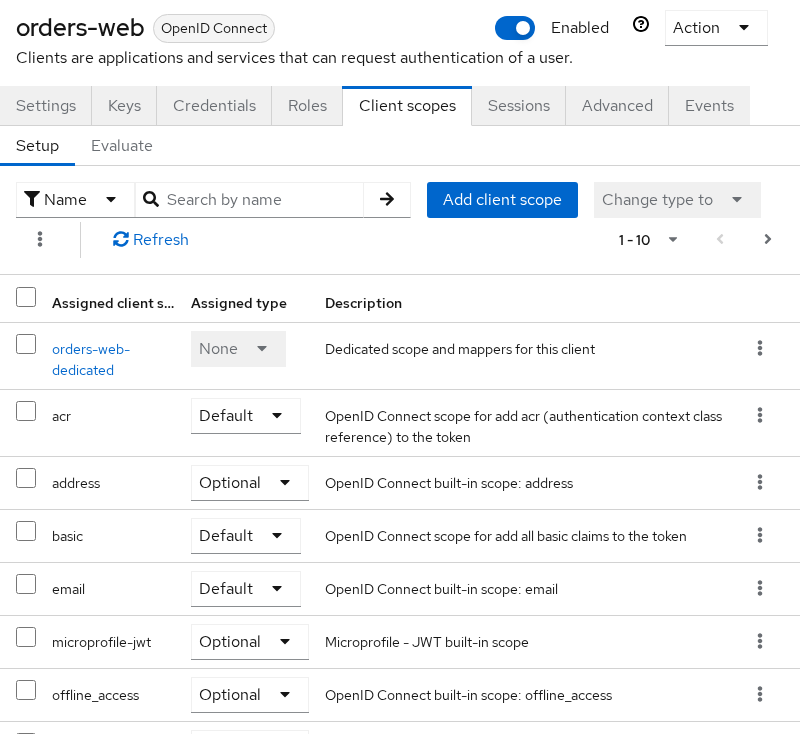 Keycloak orders-web Client scopes tab showing offline_access in the optional client scopes list