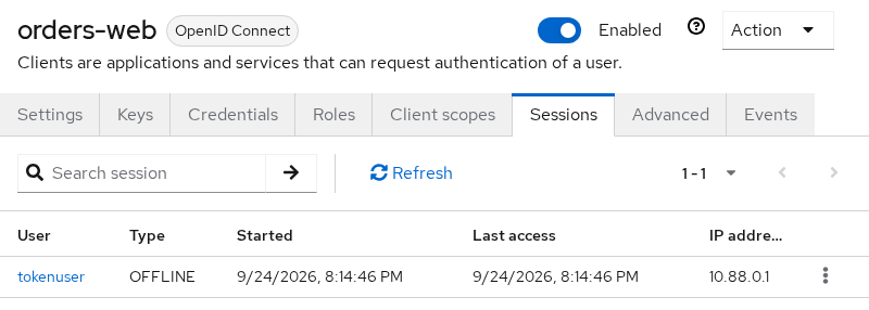 Keycloak orders-web Sessions tab listing tokenuser with REGULAR and OFFLINE session type rows