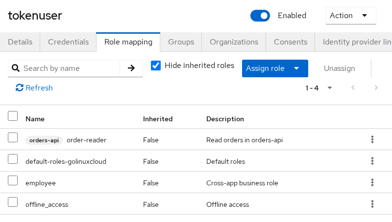 Keycloak tokenuser user details with Role mapping tab and offline_access realm role assigned