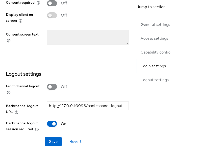 Keycloak logout-lab-store Settings with Front channel logout Off, Backchannel logout URL configured, and Backchannel logout session required On