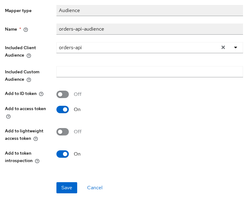 Keycloak Audience mapper on oidc-lab-app-dedicated with orders-api audience, Add to access token on, and Add to ID token off