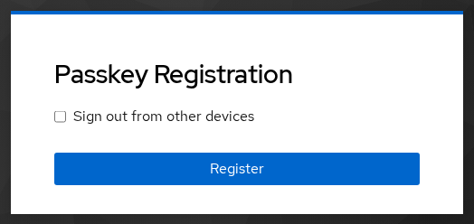 Keycloak Passkey Registration screen with Register button after password login
