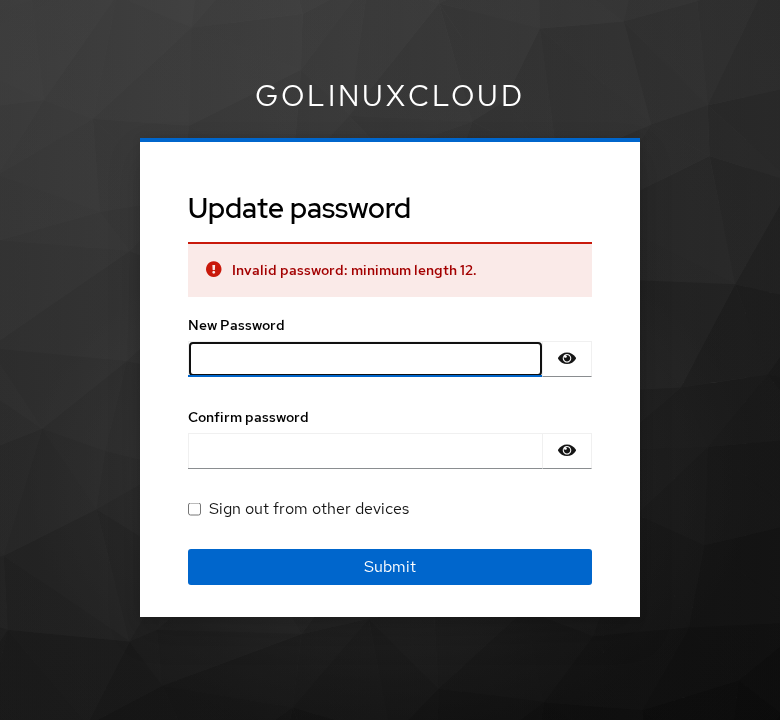 Keycloak Account Console rejecting a password shorter than the realm minimum