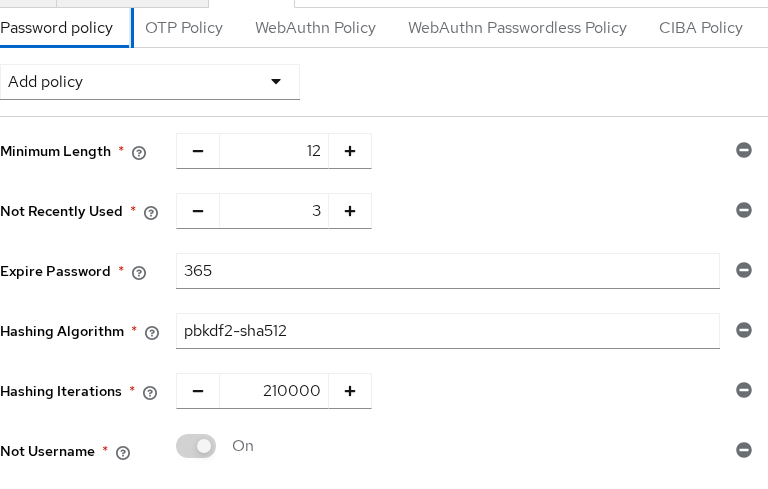 Keycloak realm Authentication Policies screen with Password policy tab