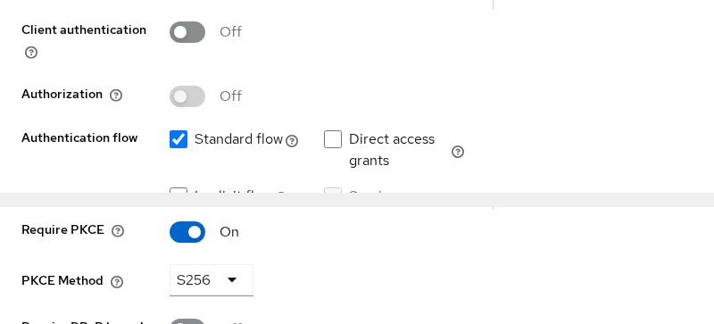 Keycloak public OIDC client configured with Authorization Code flow and PKCE S256