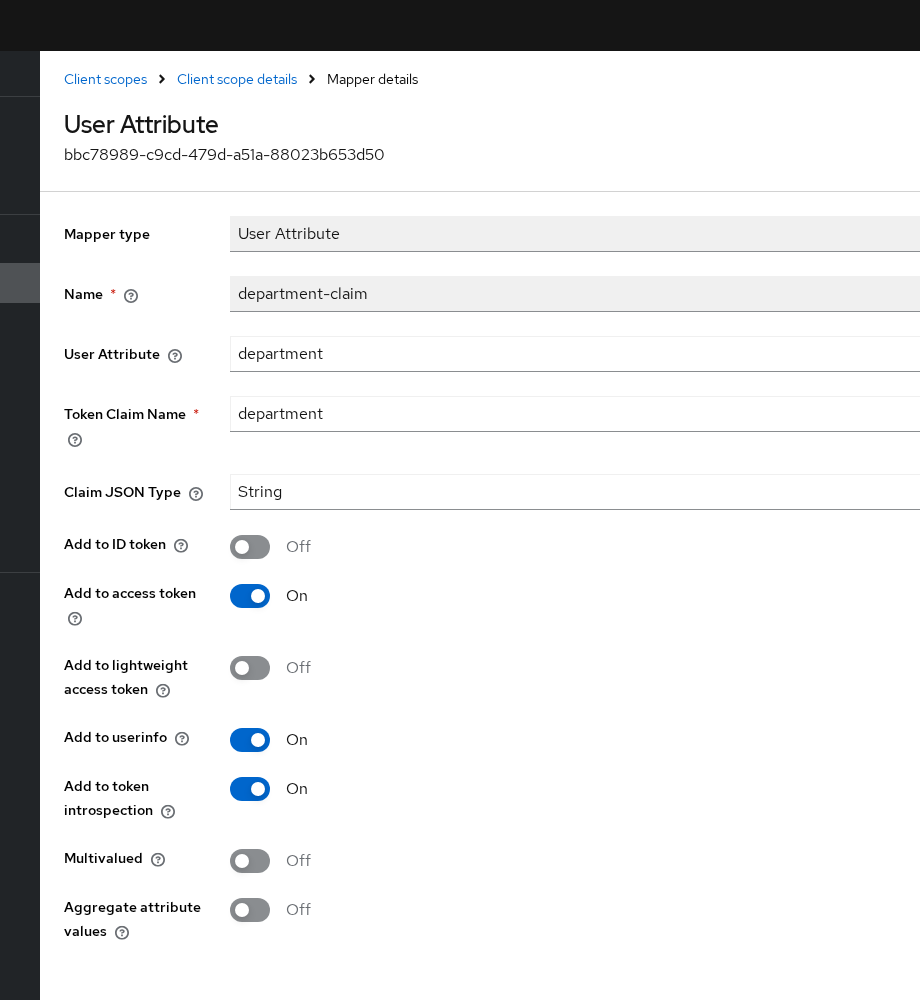 Keycloak department-claim user attribute protocol mapper configuration