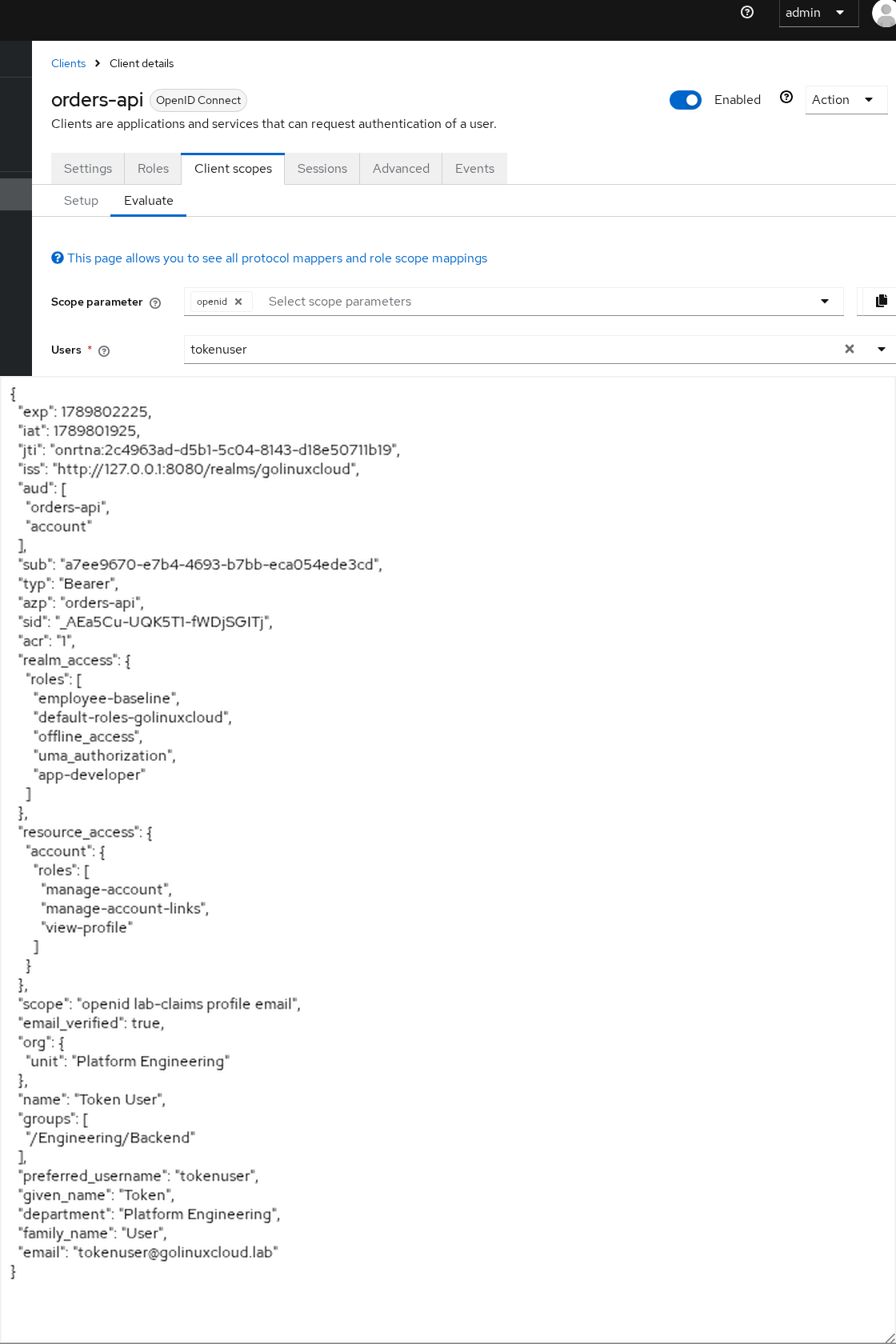 Keycloak Evaluate tab for orders-api showing generated access token with department, groups, org, and aud claims