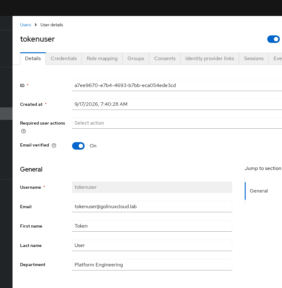 Keycloak tokenuser user record showing department attribute set to Platform Engineering