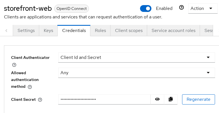 Keycloak confidential client Credentials tab showing generated client secret