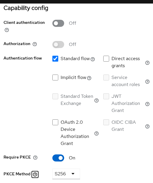 Keycloak storefront-spa Capability config with Client authentication off, Standard flow on, and PKCE Method S256