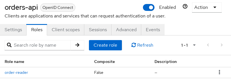 Keycloak orders-api client Roles tab showing order-reader client role