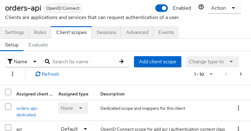Keycloak orders-api Client scopes tab showing dedicated and default scopes