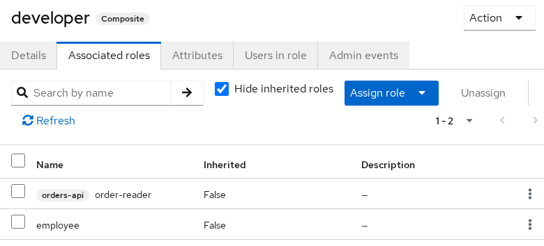 Keycloak developer composite role Associated roles tab with employee and order-reader children