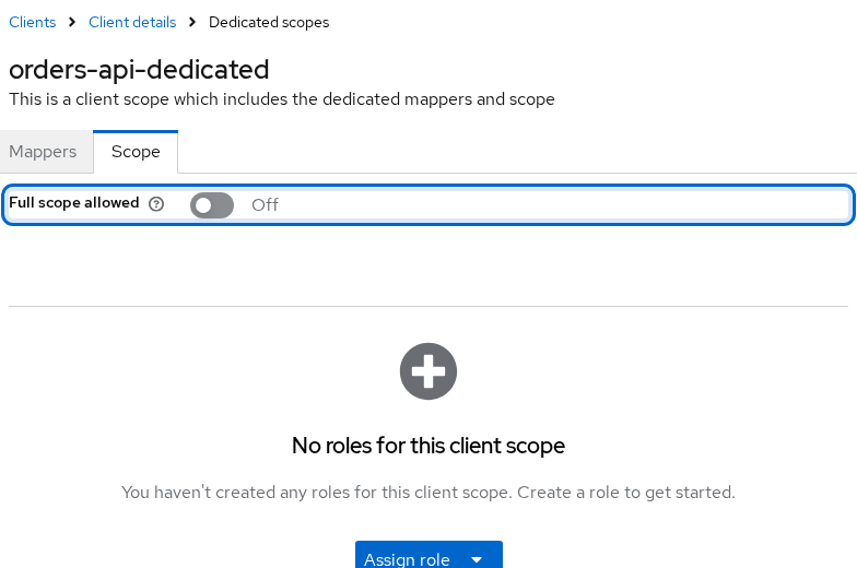 Keycloak orders-api-dedicated Scope tab with Full scope allowed Off and empty role scope mappings