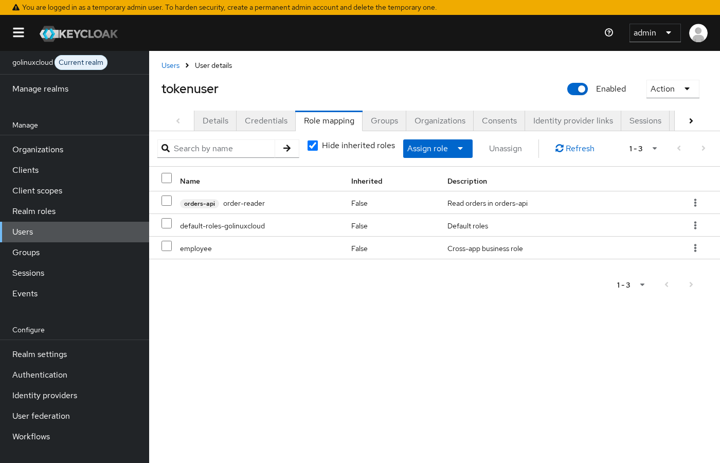 Keycloak tokenuser Role mapping tab with employee realm role and orders-api order-reader client role