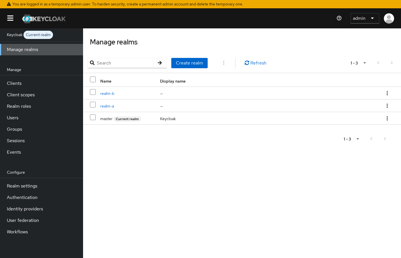 Keycloak Manage realms page listing master, realm-a, and realm-b in Keycloak 26.7