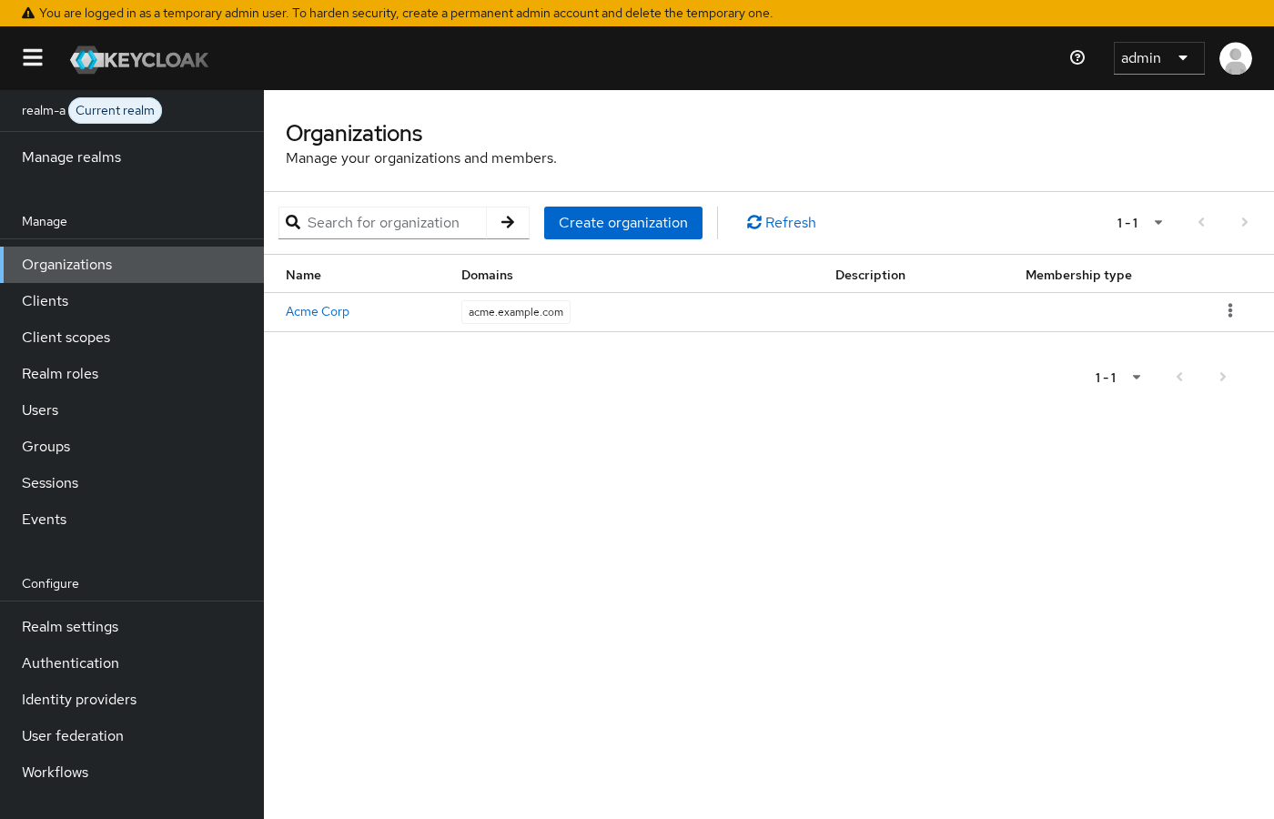 Keycloak 26.7 Organizations list in realm-a showing Acme Corp after enabling Organizations in realm settings