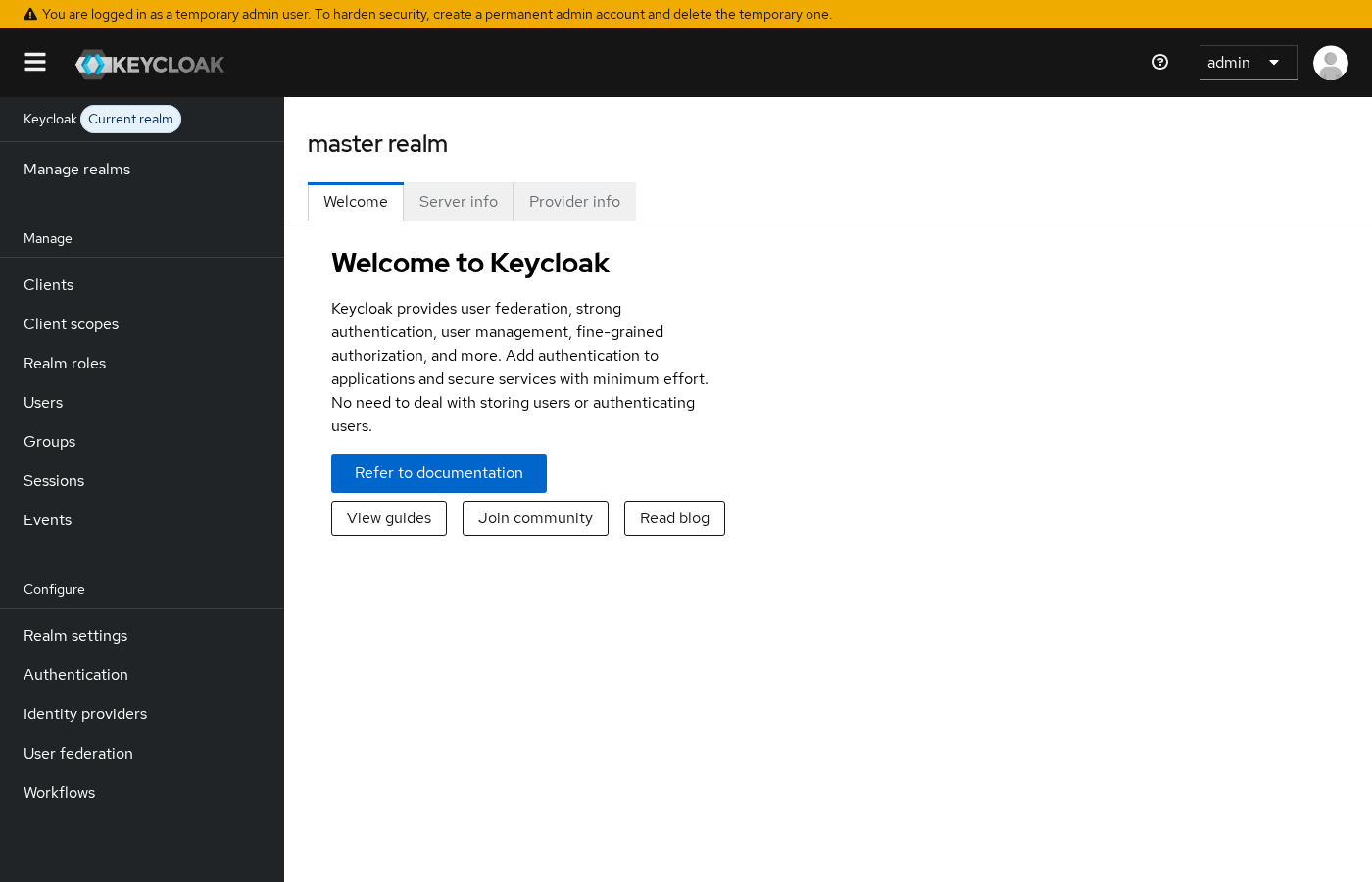 Keycloak 26.7 Admin Console with master realm selected in the top-left realm menu after bootstrap admin login