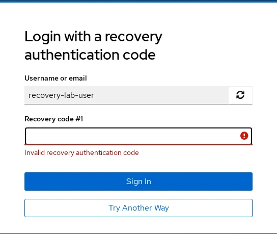 Keycloak recovery code form showing invalid code after reuse attempt