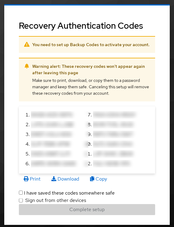 Keycloak recovery code generation screen listing twelve codes with Print, Download, Copy, and Complete setup