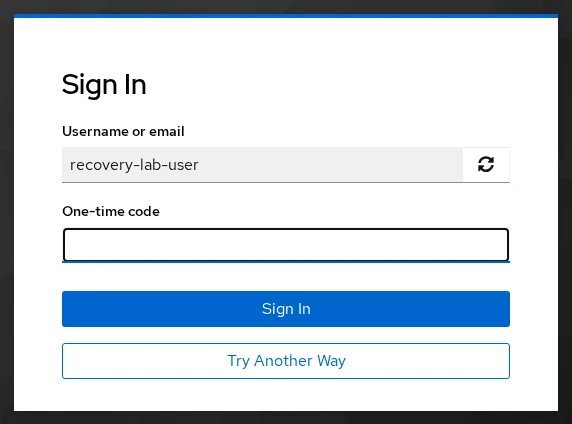 Keycloak OTP login step showing Try another way link for recovery codes