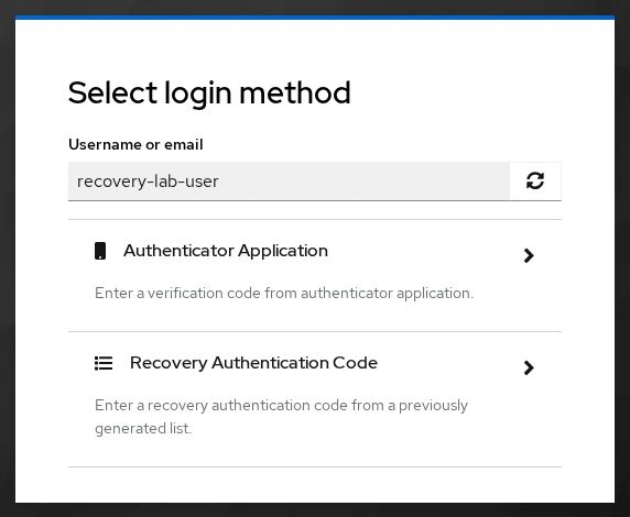 Keycloak Try another way screen listing Recovery Authentication Code option