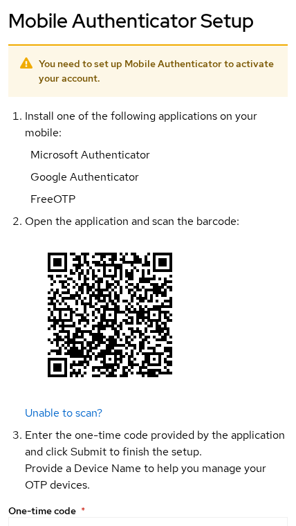 Keycloak Configure OTP required action screen with QR setup