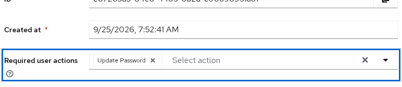 Keycloak user Details tab with Required user actions selector