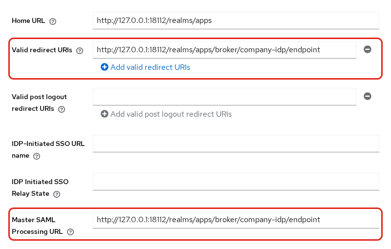 Keycloak SAML client Settings tab with Valid redirect URIs and Master SAML Processing URL set to the broker endpoint