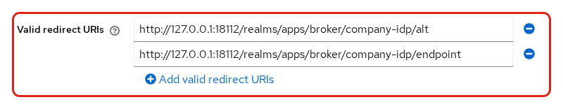 Keycloak SAML client Valid redirect URIs listing the broker endpoint and a second alt ACS