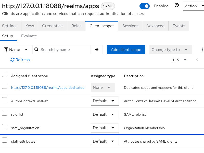 SAML client scopes with staff-attributes set to Default