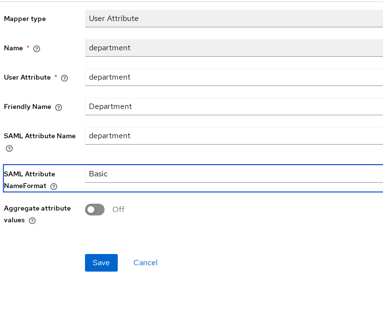 User Attribute mapper with User Attribute department, Friendly Name Department, SAML Attribute Name department, and NameFormat Basic