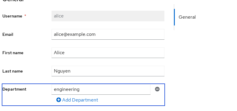 Alice's user details with email, name, and Department set to engineering