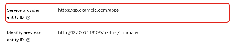 Apps realm identity provider with Service provider entity ID set to https://sp.example.com/apps
