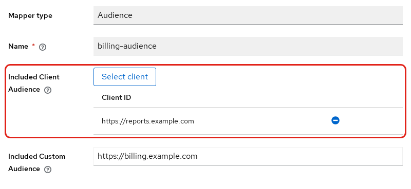 Audience mapper with Included Client Audience set to https://reports.example.com and the custom billing URI still filled in
