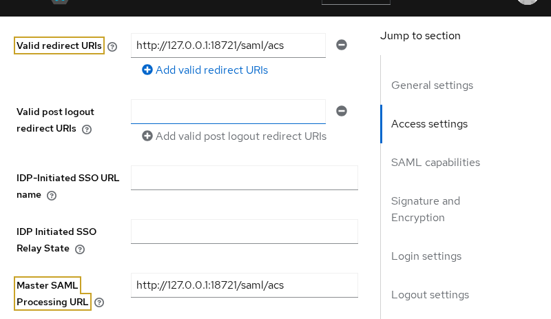 Keycloak SAML client Access settings showing the valid redirect URI and Master SAML Processing URL for the service provider ACS endpoint